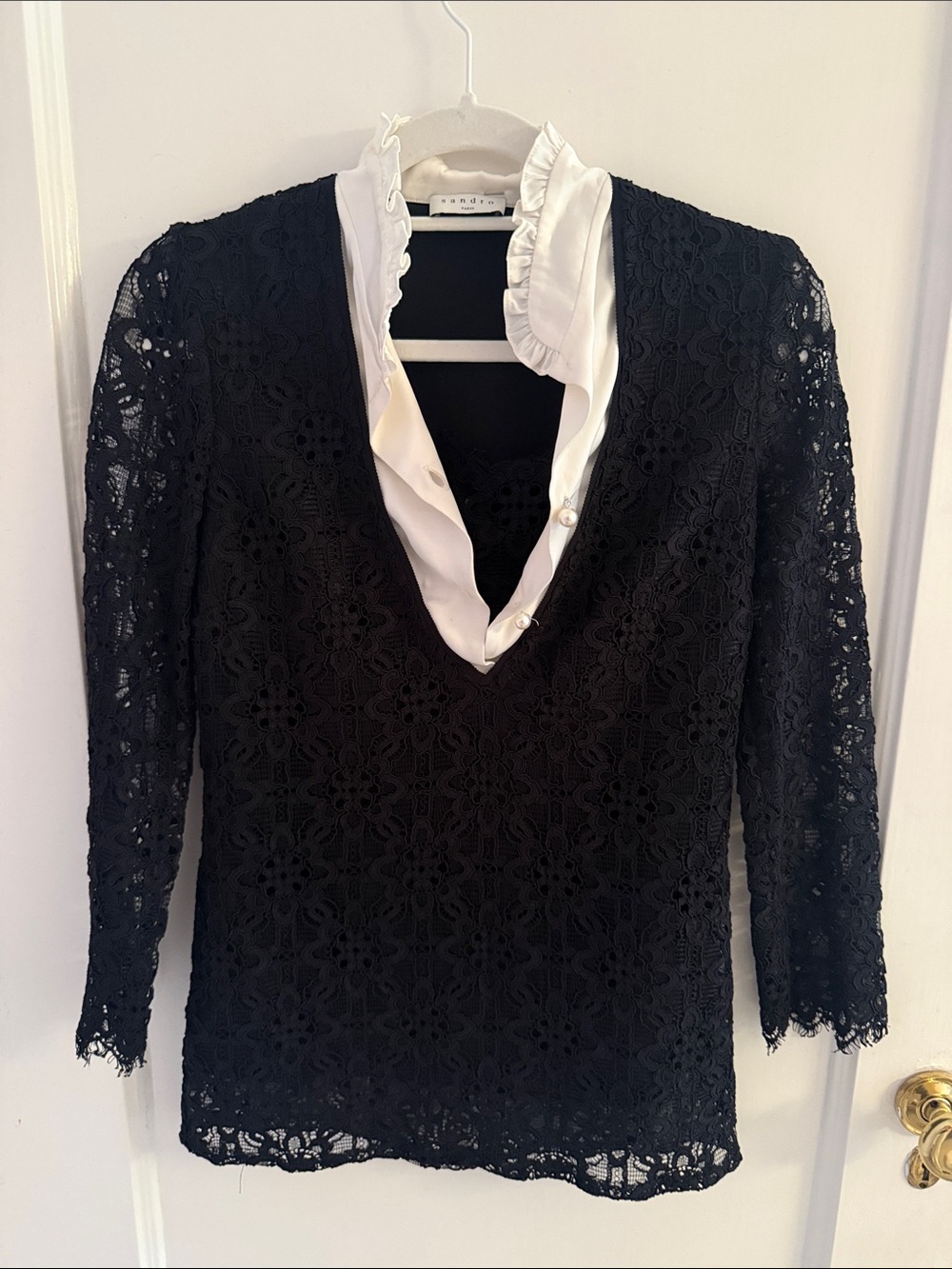 Sandro Black Lace V-Neck Blouse with White Ruffle Collar